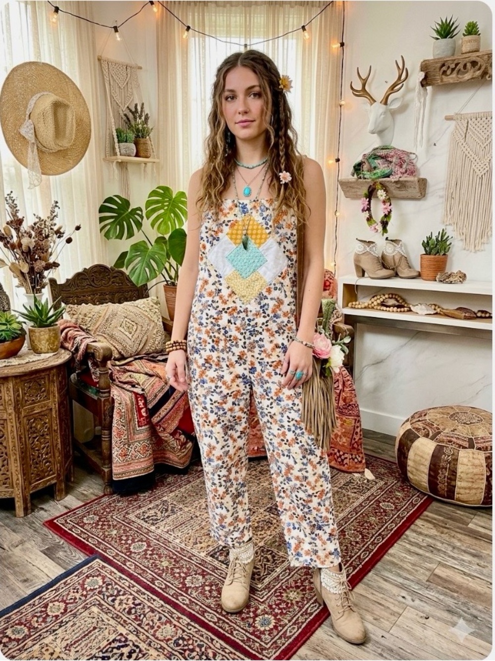 Artisan Upcycled patchwork boho floral overalls w prairie cottagecore vibe - Picture 2 of 15